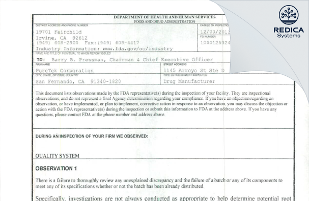FDA 483 - PureTek Corporation [San Fernando / United States of America] - Download PDF - Redica Systems