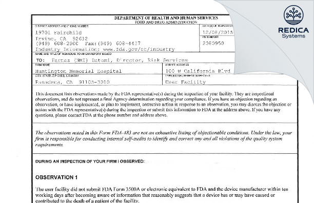 FDA 483 - Huntington Memorial Hospital [Pasadena / United States of America] - Download PDF - Redica Systems