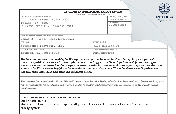 FDA 483 - Ultrasonic Services, Inc. [Houston / United States of America] - Download PDF - Redica Systems