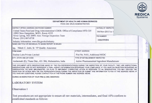 FDA 483 - ENALTEC LABS PRIVATE LIMITED [Thane / India] - Download PDF - Redica Systems