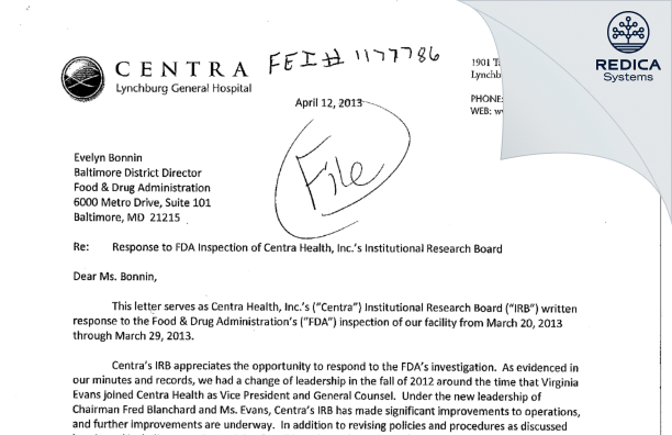 FDA 483 Response - Centra Health Inc IRB [Lynchburg / United States of America] - Download PDF - Redica Systems