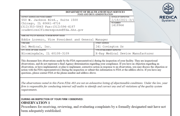 FDA 483 - Del Medical, Inc. [Bloomingdale / United States of America] - Download PDF - Redica Systems