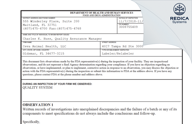 FDA 483 - Ceva Animal Health [Florida / United States of America] - Download PDF - Redica Systems