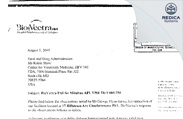 FDA 483 Response - BioVectra Inc [Charlottetown / Canada] - Download PDF - Redica Systems