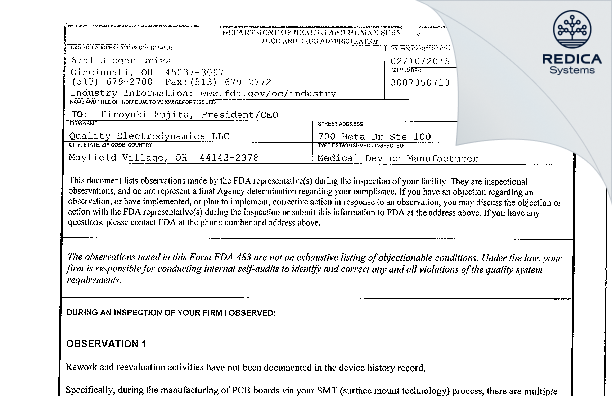 FDA 483 - Quality Electrodynamics LLC [Mayfield Village / United States of America] - Download PDF - Redica Systems