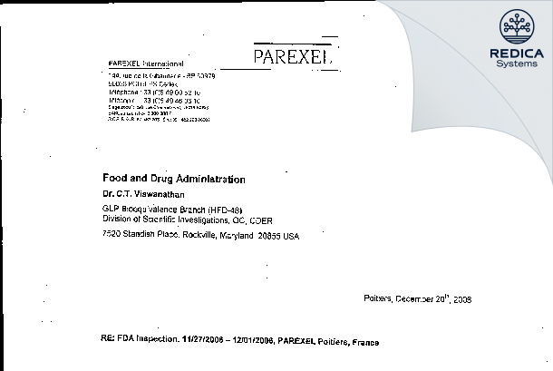 FDA 483 Response - PAREXEL International [Poitiers / France] - Download PDF - Redica Systems