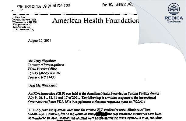 FDA 483 Response - American Health Foundation [Valhalla / United States of America] - Download PDF - Redica Systems