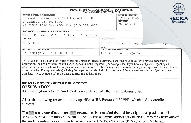 FDA 483 - Maryl Kreider, M.D. [Philadelphia / United States of America] - Download PDF - Redica Systems
