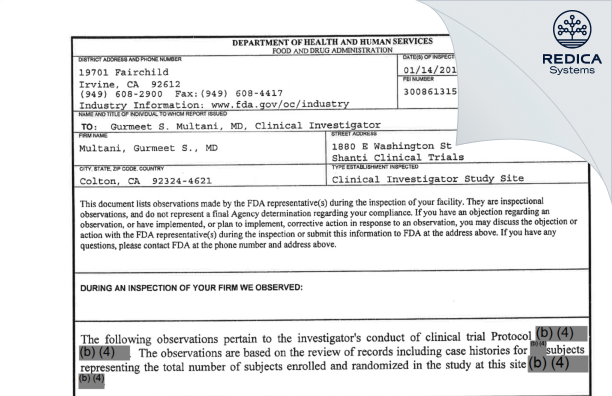 FDA 483 - Multani, Gurmeet S., MD [Colton / United States of America] - Download PDF - Redica Systems
