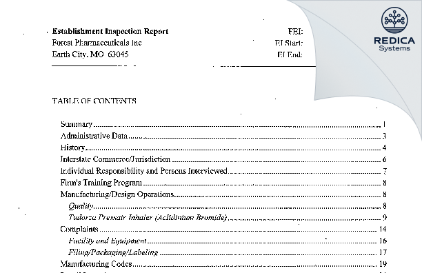 EIR - Forest Pharmaceuticals Inc [Earth City / United States of America] - Download PDF - Redica Systems