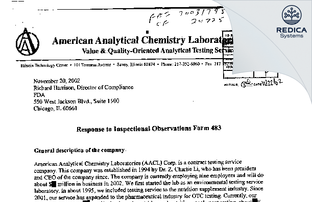FDA 483 Response - AmericanAnalytical Chemistry Laboratories Corp. [Champaign / United States of America] - Download PDF - Redica Systems
