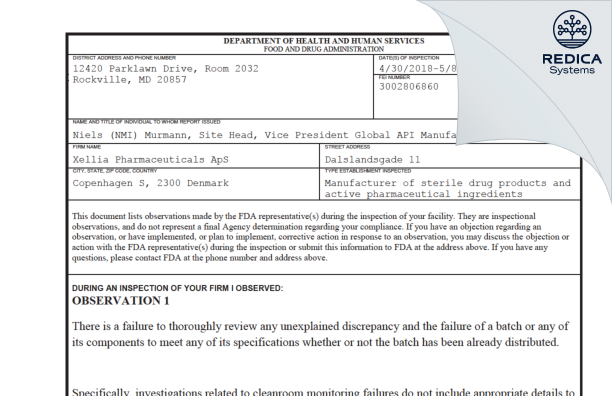 FDA 483 - Xellia Pharmaceuticals ApS [Copenhagen / Denmark] - Download PDF - Redica Systems