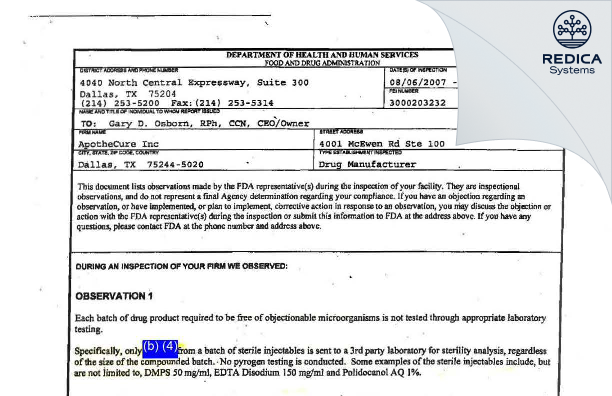 FDA 483 - Apothecure, Inc [Dallas / United States of America] - Download PDF - Redica Systems
