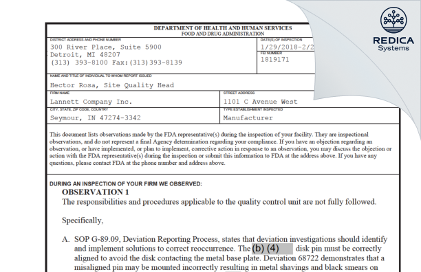 FDA 483 - Lannett Company, Inc. [Seymour / United States of America] - Download PDF - Redica Systems