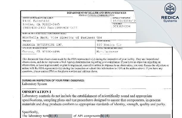 FDA 483 - Panrosa Enterprises, Inc. [Corona / United States of America] - Download PDF - Redica Systems