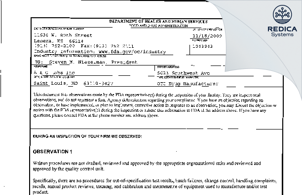 FDA 483 - B & G Labs, Inc [Saint Louis / United States of America] - Download PDF - Redica Systems