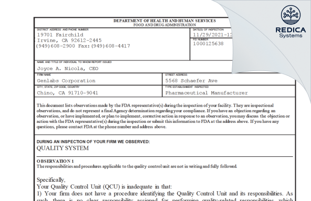 FDA 483 - Genlabs Corporation [Chino / United States of America] - Download PDF - Redica Systems