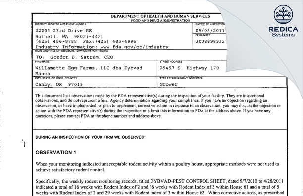 FDA 483 - Willamette Egg Farms, LLC dba Dybvad Ranch [Canby / United States of America] - Download PDF - Redica Systems
