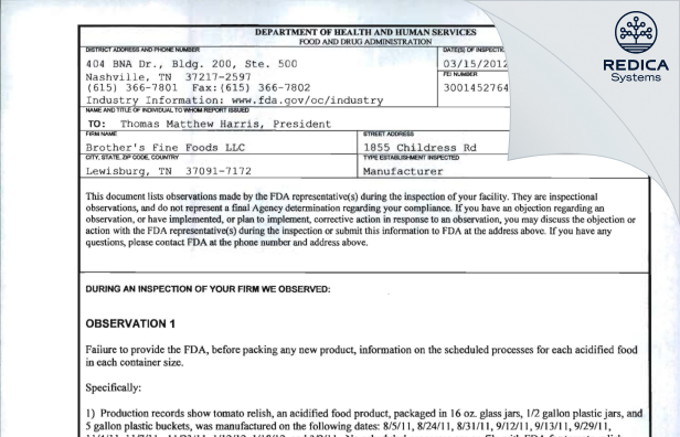 FDA 483 - Brother's Fine Foods LLC [Lewisburg / United States of America] - Download PDF - Redica Systems