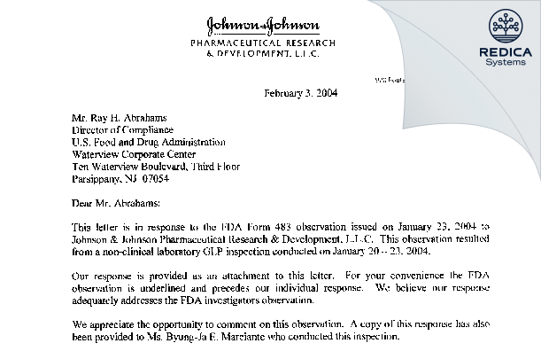 FDA 483 Response - J & J Pharmaceutical Research & Develop [Titusville / United States of America] - Download PDF - Redica Systems