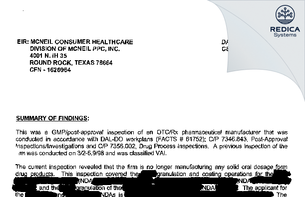 EIR - McNeil Consumer & Specialty Pharmaceuticals [Round Rock / United States of America] - Download PDF - Redica Systems