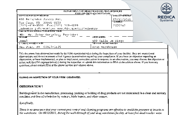 FDA 483 - Lopez Gonzalez Santana Corporation [Rio Piedras / United States of America] - Download PDF - Redica Systems