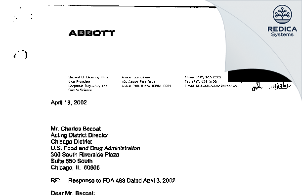 FDA 483 Response - Abbott Laboratories [Abbott Park / United States of America] - Download PDF - Redica Systems