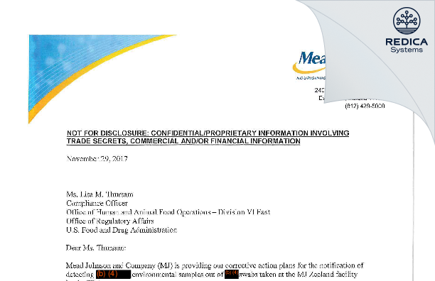 FDA 483 Response - Mead Johnson & Company LLC [Zeeland / United States of America] - Download PDF - Redica Systems