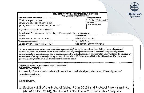 FDA 483 - Jonathan A Bernstein MD [Cincinnati / United States of America] - Download PDF - Redica Systems