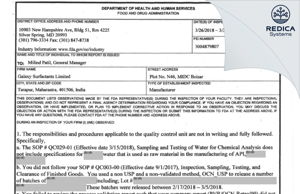 FDA 483 - Galaxy Surfactants Limited [India / India] - Download PDF - Redica Systems