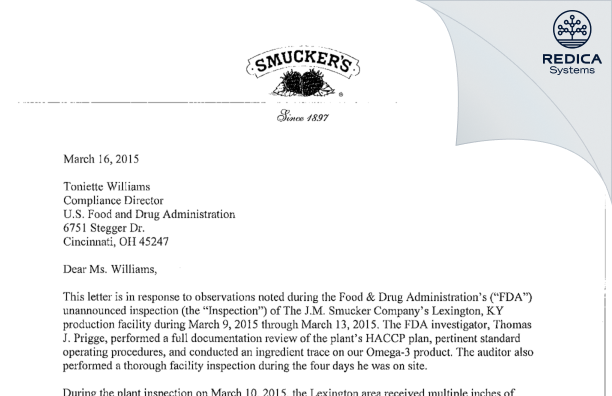 FDA 483 Response - J.M. Smucker LLC [Lexington / United States of America] - Download PDF - Redica Systems