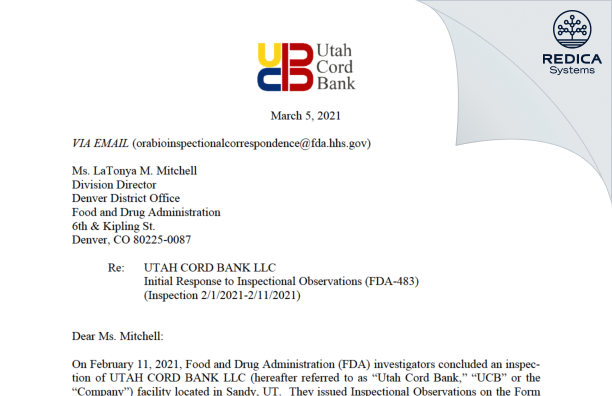 FDA 483 Response - Utah Cord Bank LLC [Sandy / United States of America] - Download PDF - Redica Systems
