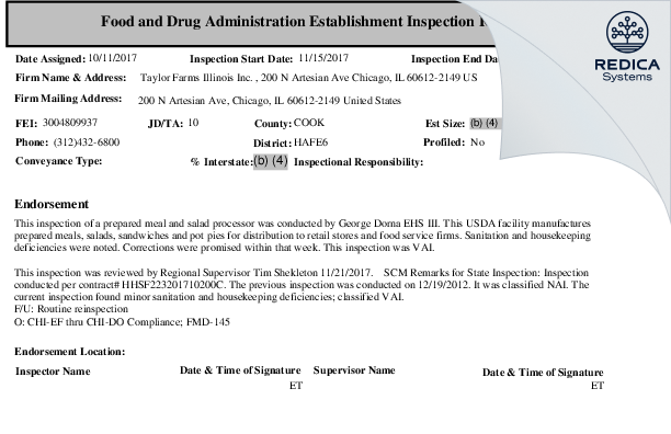 EIR - TAYLOR FARMS ILLINOIS INC [Chicago / United States of America] - Download PDF - Redica Systems