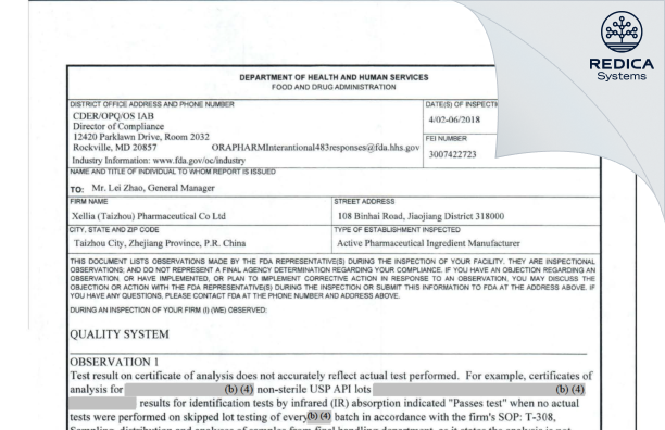 FDA 483 - Xellia (Taizhou) Pharmaceuticals Co., Ltd. [China / China] - Download PDF - Redica Systems