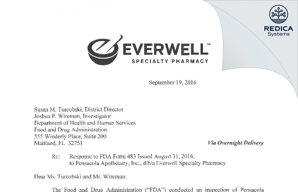 FDA 483 Response - Pensacola Apothecary, Inc. DBA Everwell Specialty Pharmacy [Pensacola / United States of America] - Download PDF - Redica Systems