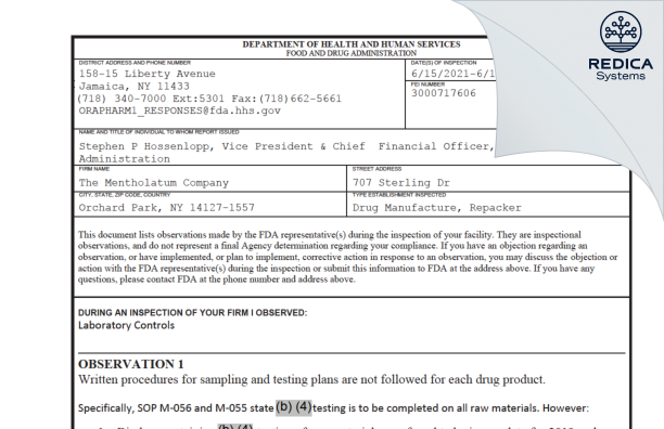 FDA 483 - Mentholatum Company, The [New York / United States of America] - Download PDF - Redica Systems