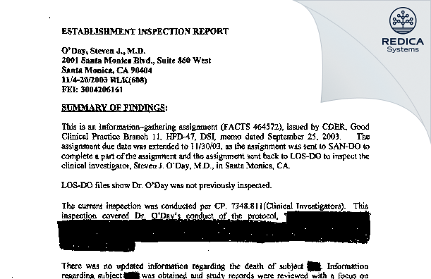 EIR - O'Day, Steven J., M.D. [Los Angeles / United States of America] - Download PDF - Redica Systems