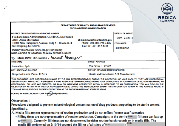 FDA 483 - Farmabios S.p.A. [Italy / Italy] - Download PDF - Redica Systems