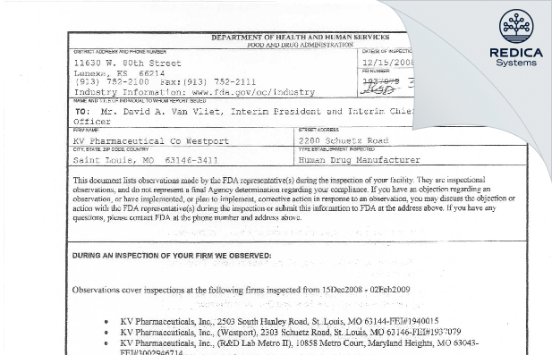 FDA 483 - Kv Pharmaceutical Inc [Saint Louis / United States of America] - Download PDF - Redica Systems