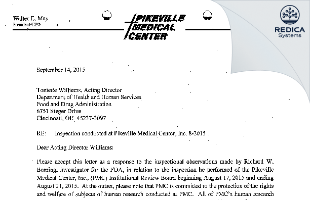 FDA 483 Response - Pikeville Medical Center Inc Institutional Review Committee [Pikeville / United States of America] - Download PDF - Redica Systems
