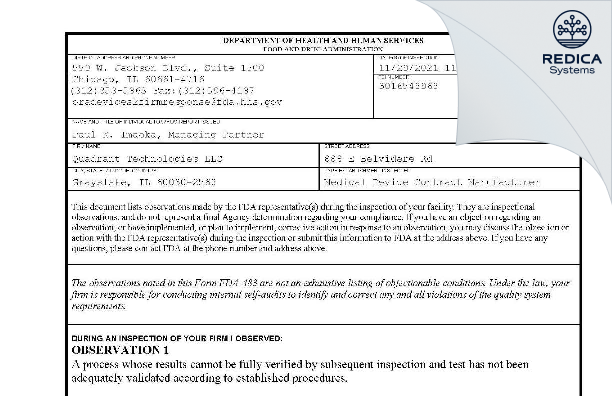 FDA 483 - Quadrant Technologies, LLC [Grayslake / United States of America] - Download PDF - Redica Systems