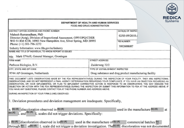 FDA 483 - Patheon Biologics B.V. [Groningen / Netherlands] - Download PDF - Redica Systems