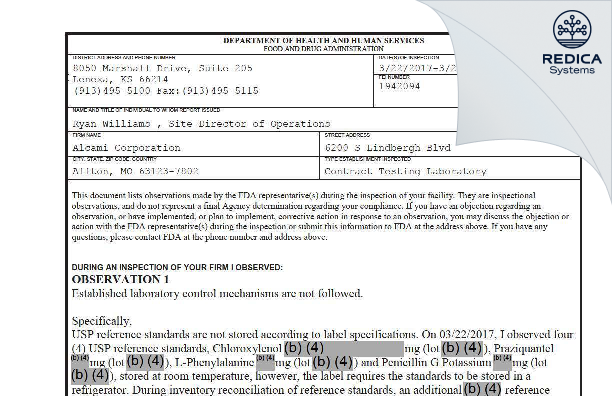 FDA 483 - Alcami Carolinas Corporation [St. Louis / United States of America] - Download PDF - Redica Systems