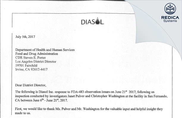 FDA 483 Response - Diasol Inc. [San Fernando / United States of America] - Download PDF - Redica Systems