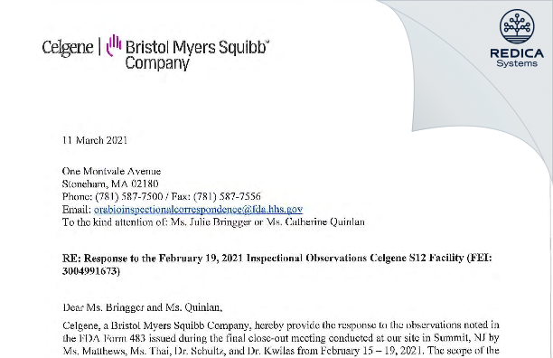 FDA 483 Response - CELGENE CORPORATION [Jersey / United States of America] - Download PDF - Redica Systems