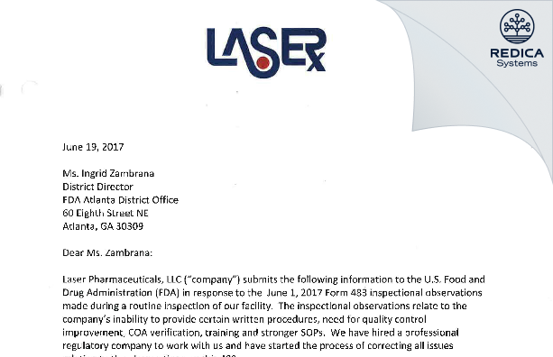 FDA 483 Response - Laser Pharmaceuticals LLC [Greenville / United States of America] - Download PDF - Redica Systems