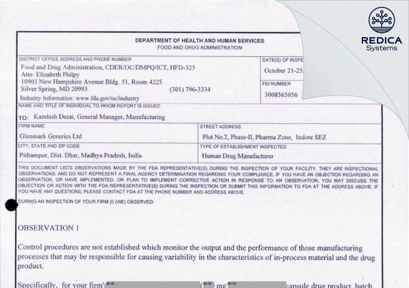 FDA 483 - Glenmark Generics Ltd [Dhar / India] - Download PDF - Redica Systems