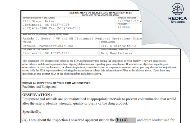 FDA 483 - Patheon Pharmaceuticals Inc. [Cincinnati Ohio / United States of America] - Download PDF - Redica Systems