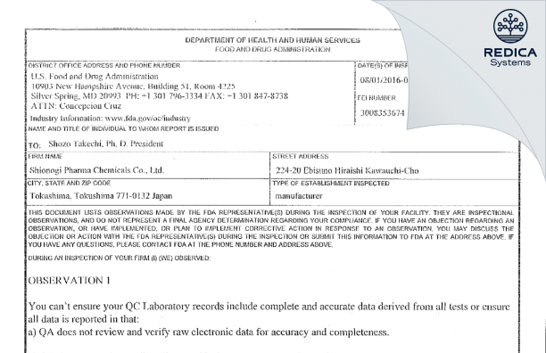 FDA 483 - Shionogi Pharma Co., Ltd. [Tokushima / Japan] - Download PDF - Redica Systems