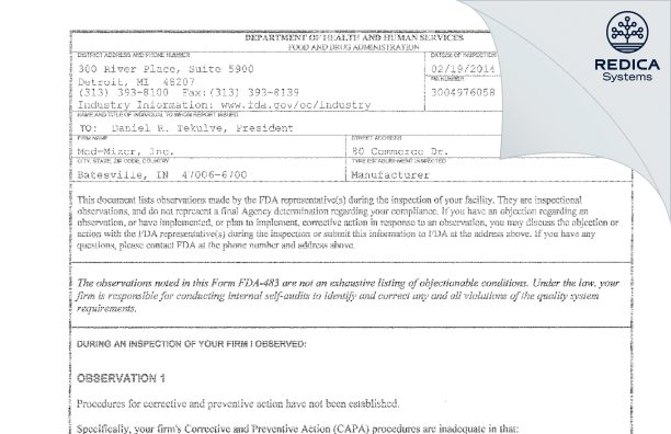 FDA 483 - Med-Mizer, Inc. [Batesville / United States of America] - Download PDF - Redica Systems